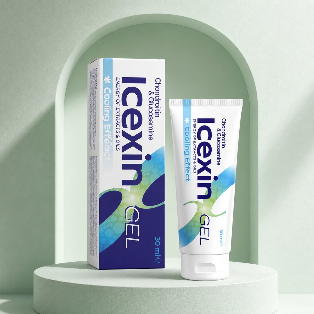 Tubul de gel cosmetic Icexin, fotografiat de aproape pe o suprafață curată